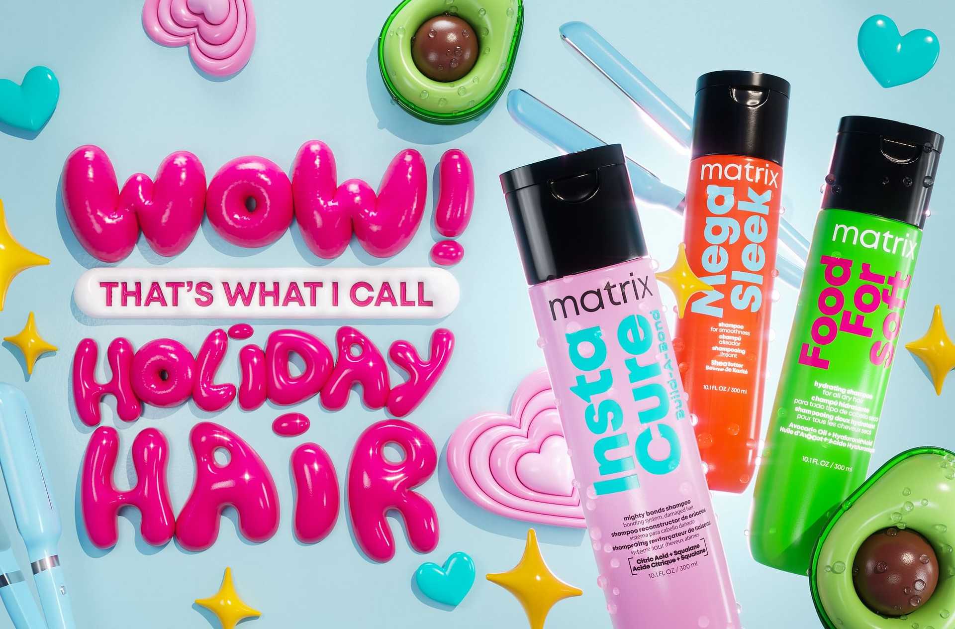 Bottles of Matrix hair products with a colorful backdrop promoting holiday hair care.