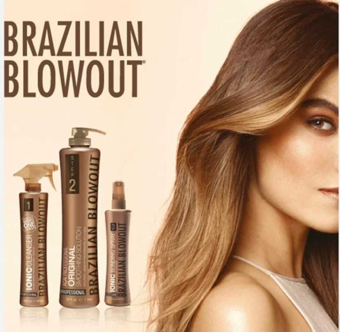 Brazilian Blowout hair products advertisement showing a woman with smooth, shiny hair.