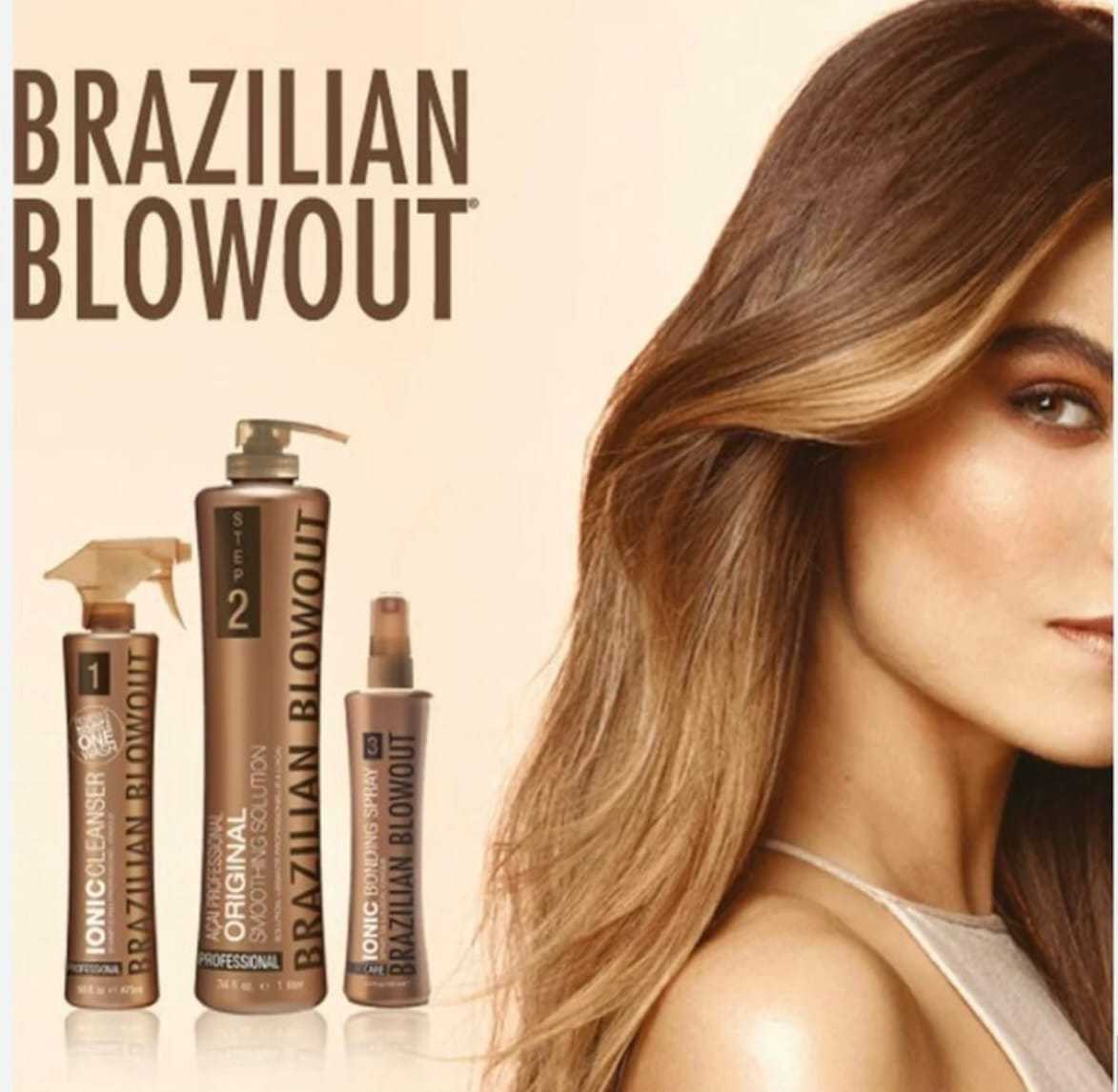 Brazilian Blowout hair products advertisement showing a woman with smooth, shiny hair.
